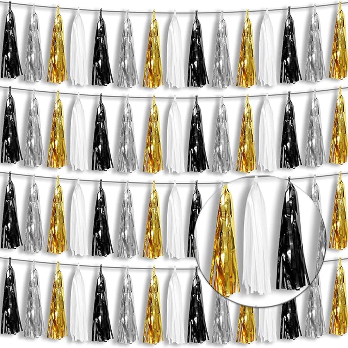 4P Black Gold Silver Foil Fringe Tassel Banner Garland Metallic Tinsel Streamers Wall Hanging Curtain Backdrop Banner for Parade Floats, 2024 Graduation Decorations, New Years Decorations,