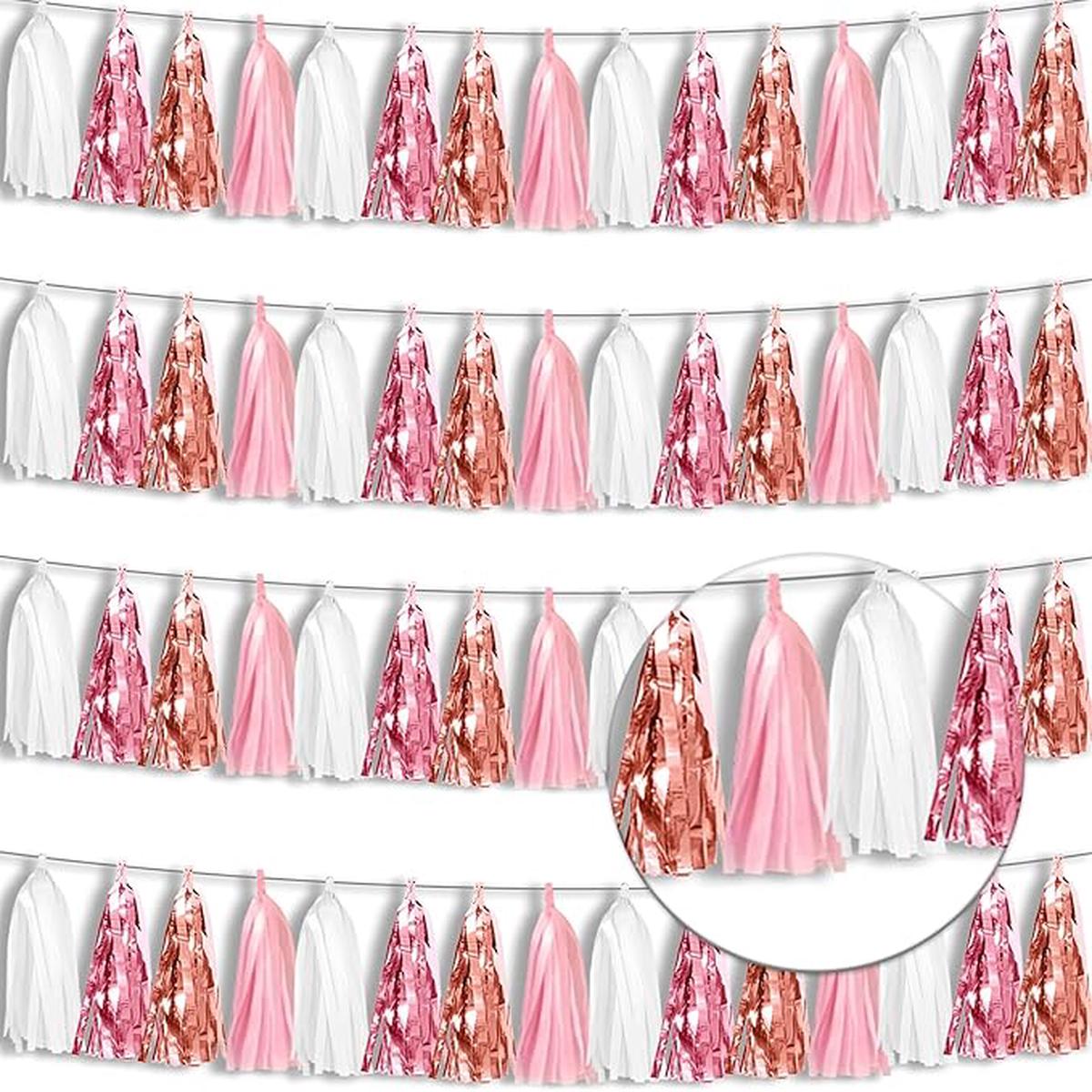 4P Rose-Gold Pink White Foil Fringe Tassel Banner Garland Metallic Tinsel Streamers Wall Hanging Curtain Backdrop for Parade Floats, Graduation 2024, Wedding, Birthday, Retirement Party De