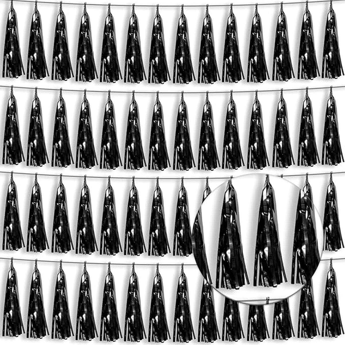 4P Black Foil Fringe Tassel Banner Garland Metallic Tinsel Streamers Wall Hanging Curtain Backdrop Banners for Parade Floats, 2024 Graduation Decorations, Fathers Day Party Decoration