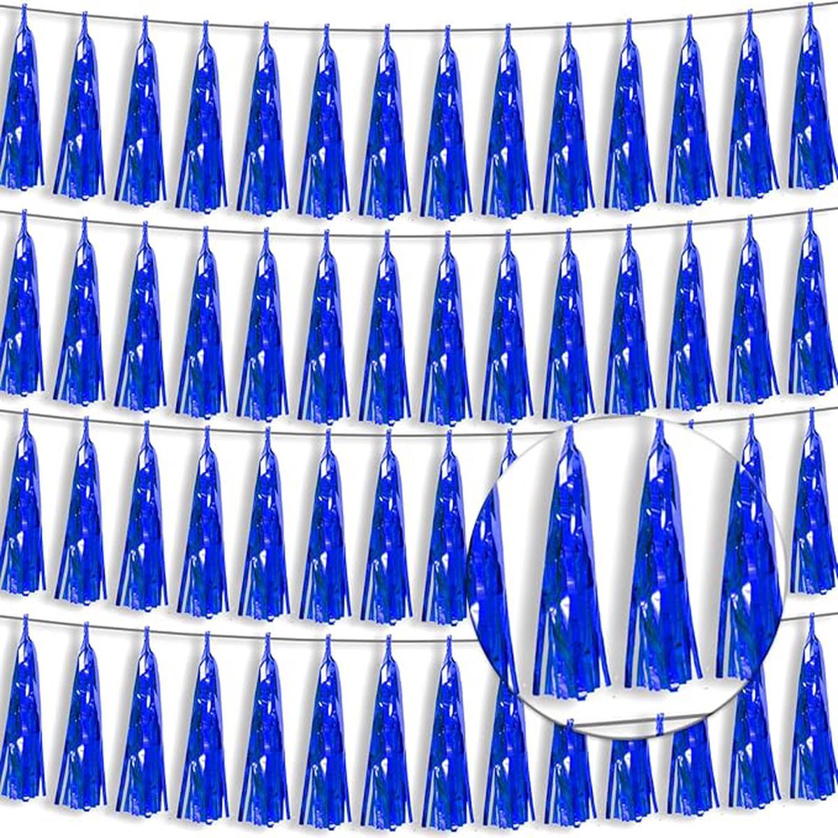4P Blue Foil Fringe Tassel Banner Garland Metallic Tinsel Streamers Wall Hanging Curtain Backdrop Banner for Parade Floats, 2024 Graduation Decorations, Retirement Party Decoration