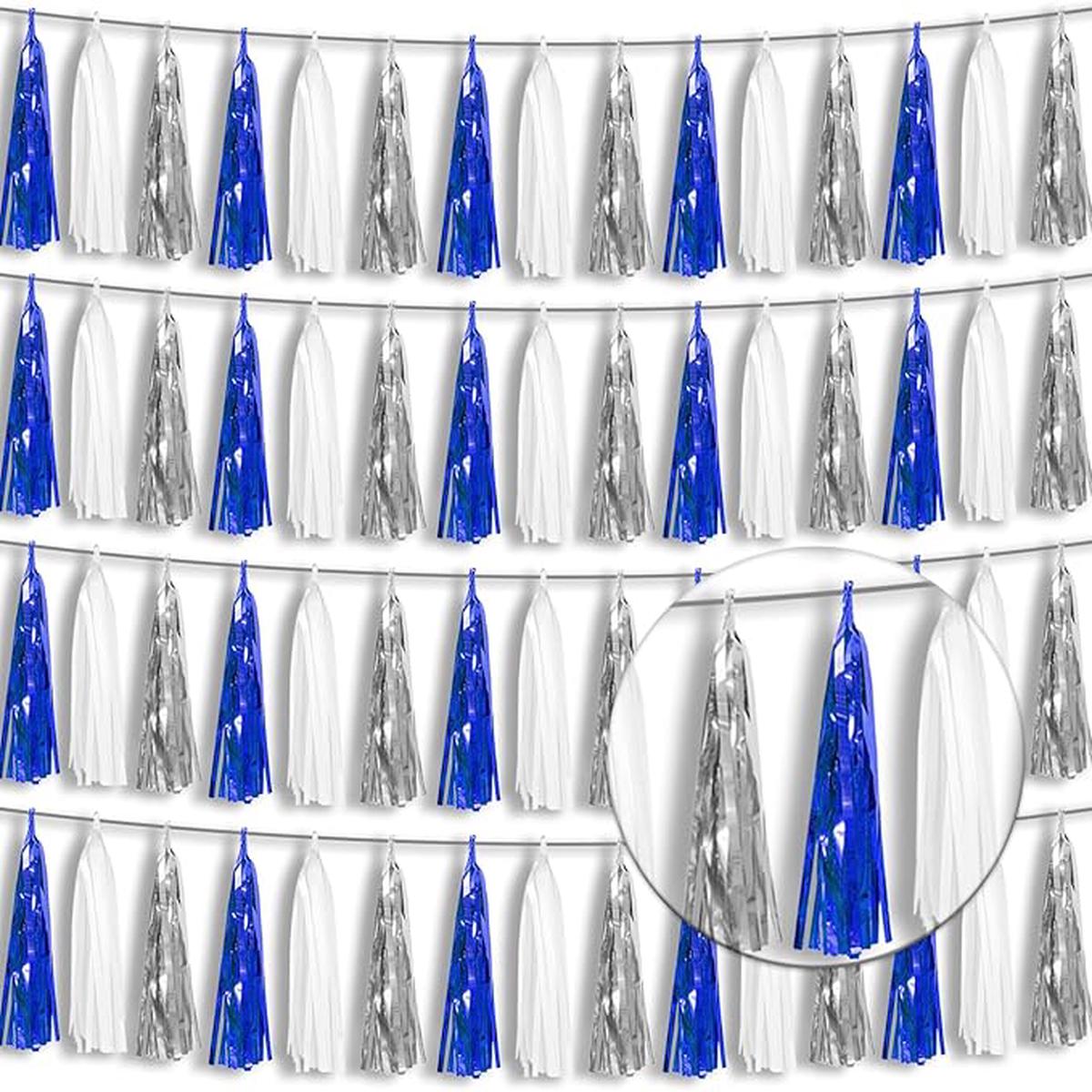 4P Navy Blue White Silver Foil Fringe Tassel Banner Garland Metallic Tinsel Streamers Wall Hanging Curtain Backdrop Banner for Parade Floats, 2024 Graduation Decorations, Retirement Party 