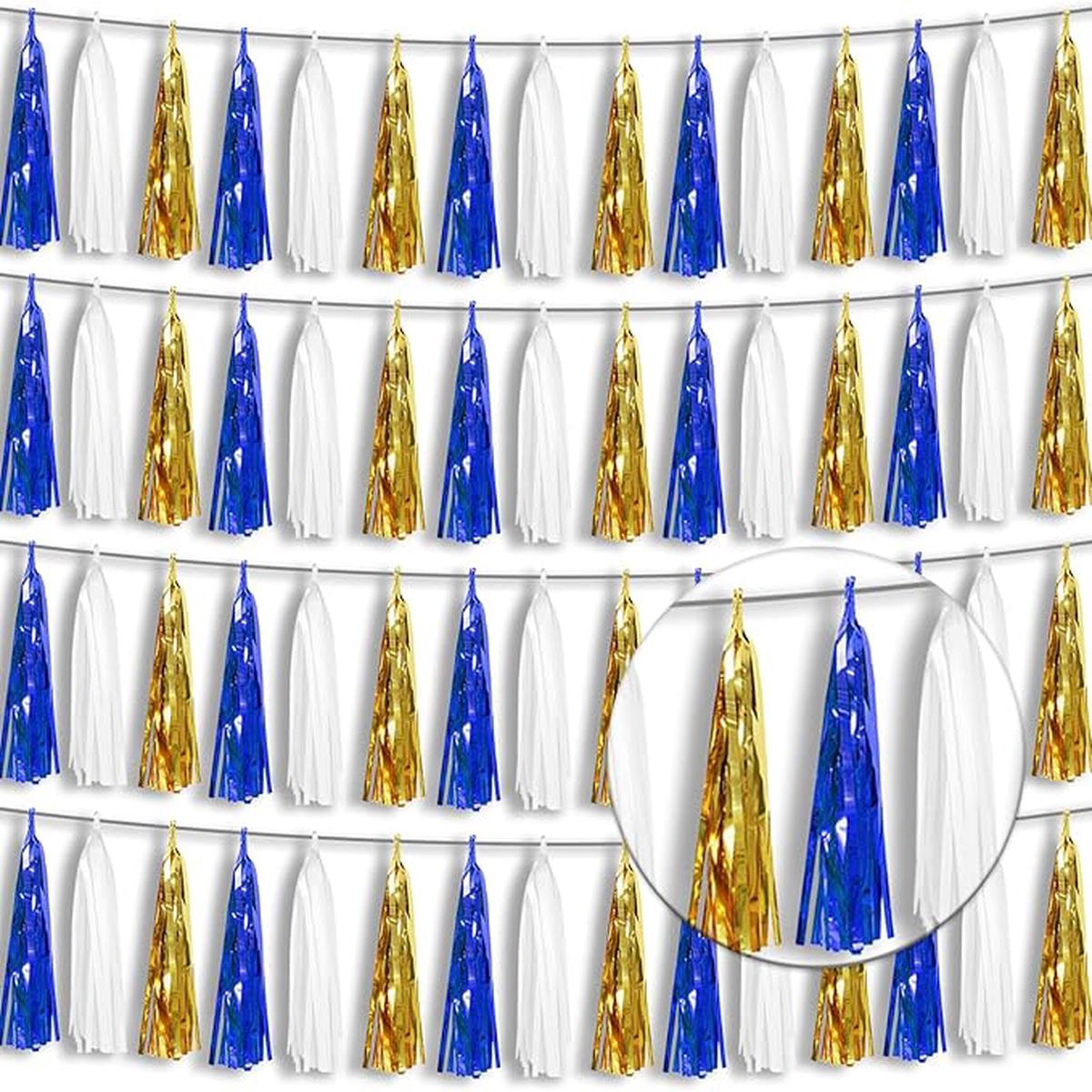 4 Pack Navy-Blue White and Gold Foil Fringe Tassel Banner Garland Metallic Tinsel Streamers Wall Hanging Curtain Backdrop Banners for Parade Floats, 2025 Graduation, Retirement Party Decor