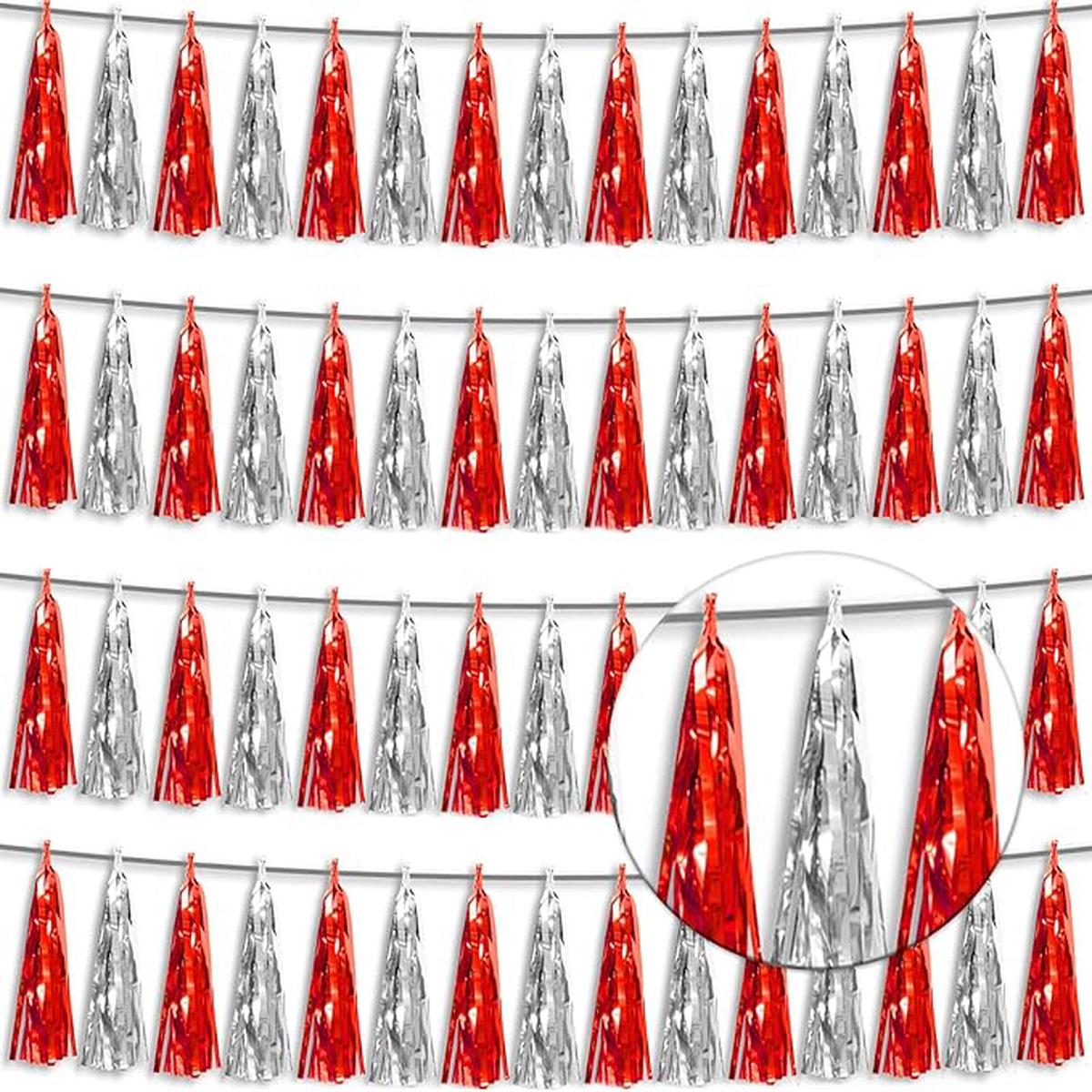 4P Red Silver Foil Fringe Tassel Banner Garland Metallic Tinsel Streamers Wall Hanging Curtain Backdrop Banner for Parade Floats, 2024 Graduation Decorations, Father's Day, Wedding Party D
