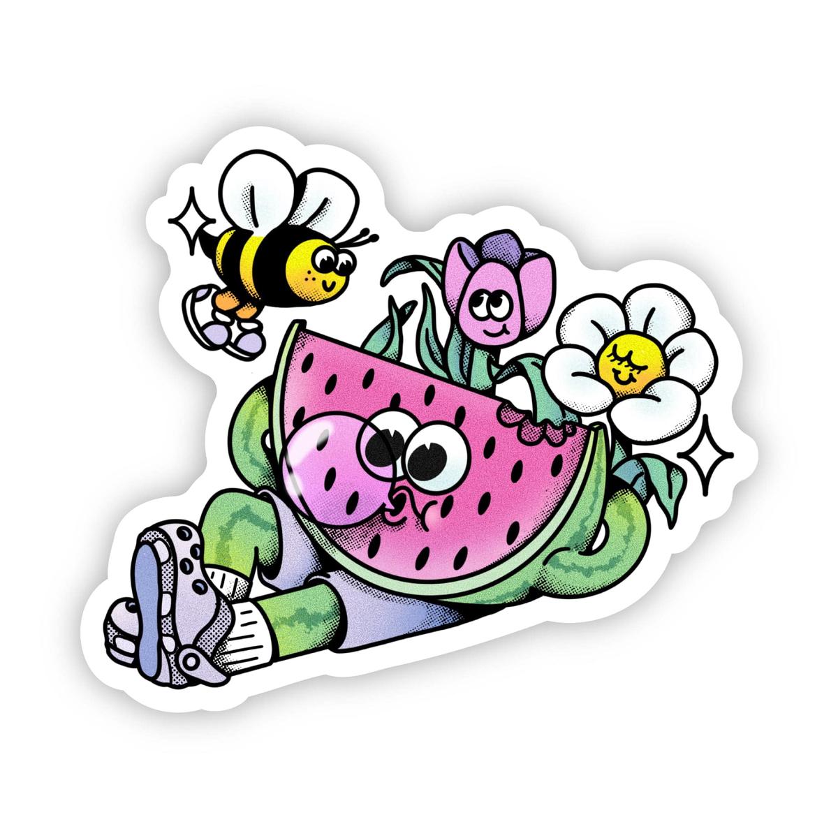 Chill Watermelon with Flowers & Bee Sticker
