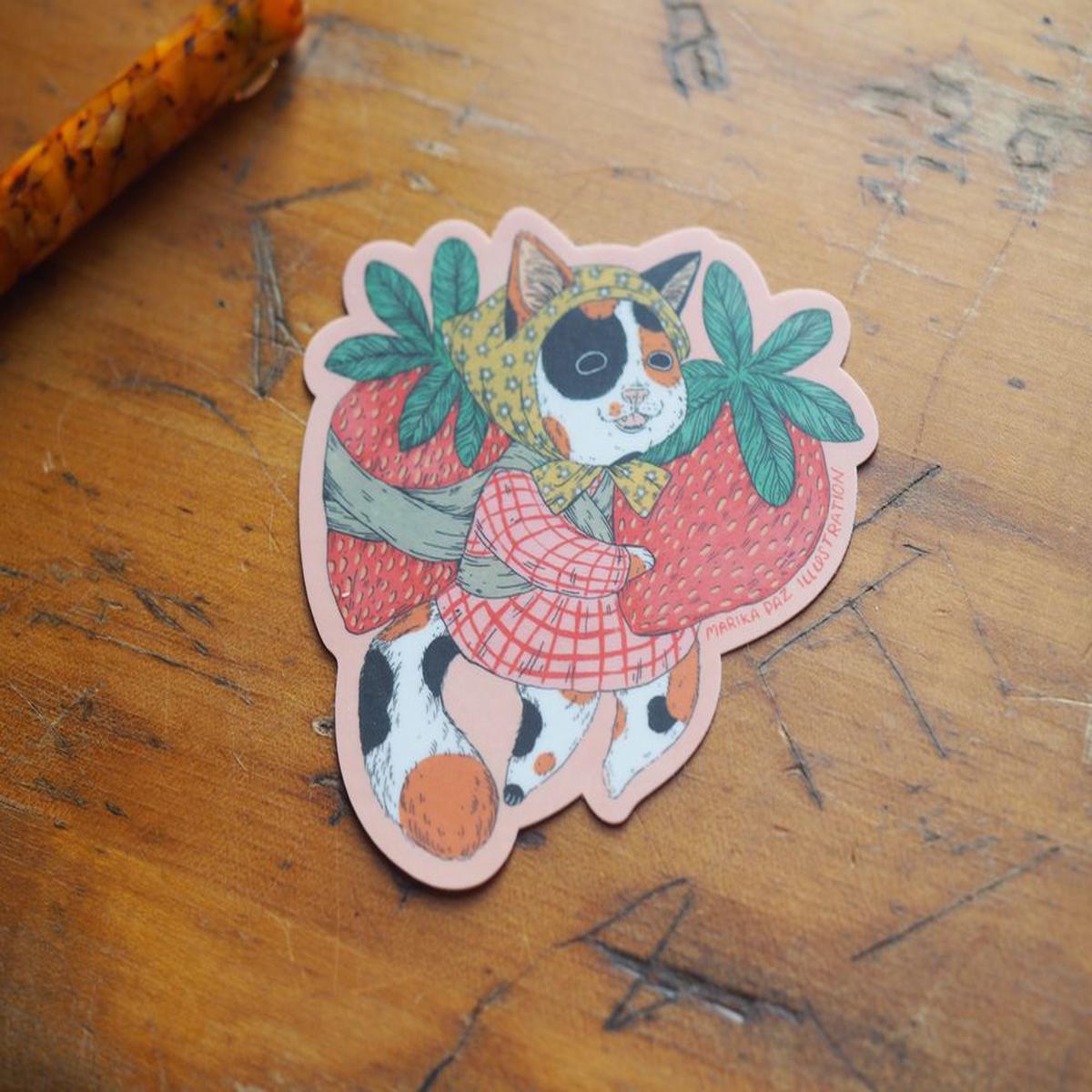 Marika Paz Illustration - Vinyl Sticker - Strawberry Cat